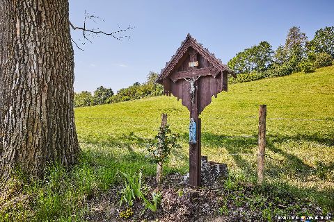 Gemeinde Aschau Landkreis Mühldorf Hörmannsberg Kreuz zwischen 2 Bäumen (Dirschl Johann) Deutschland MÜ